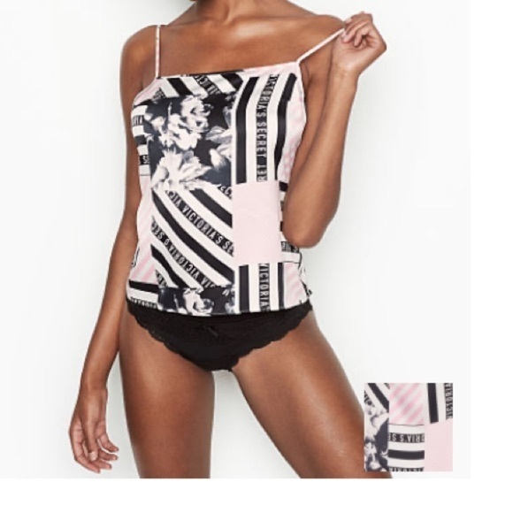 Victoria’s Secret VS Satiny Cami Top Classic VS Print Pink Black Vintage XS - Picture 1 of 2